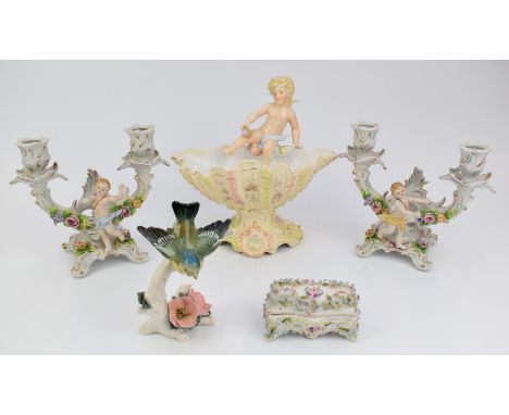 Sitzendorf pair of figural candelabra, German centrepiece, Karl Ens bird etc