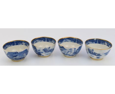 Four 18thC blue and white teabowls, probably first period Worcester / Caughley, H5cm