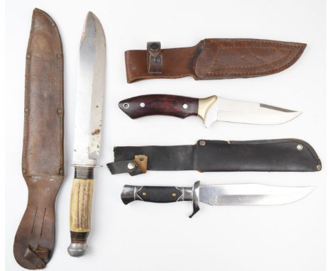 Three hunting knives comprising 'Original Bowie' by C K Italy with 22.5cm blade, Falcon Inox with 12.5cm blade and a similar 