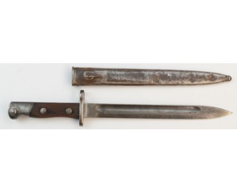 Turkish Mauser bayonet with wooden grips, markings to ricasso and pommel, 25cm fullered blade and scabbard&nbsp;PLEASE NOTE A