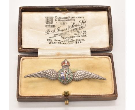 WW1 Royal Flying Corps silver and enamel sweetheart brooch stamped sterling silver to reverse, retailed by R A Jones &amp; So