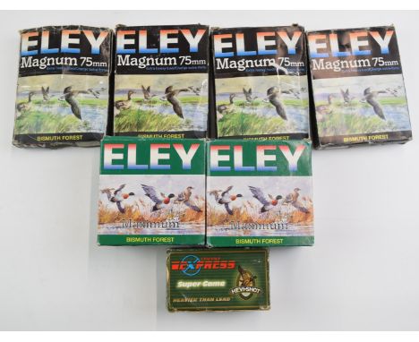 One hundred 12 bore Bismuth shotgun cartridges Eley Maximum, Eley Magnum 75mm and Lyalvale Express Super Game, all in origina