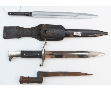 German WW2 Nazi Third Reich Fire Brigade bayonet with 20cm blade, scabbard and frog, Russian Simonov SKS bayonet with 23cm bl