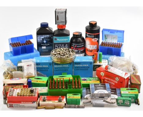 A large collection of shotgun and rifle ammunition, empty cases for reloading, primers, smokeless powder, 16 and 28 bore shot