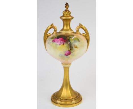 Royal Worcester twin handled pedestal covered vase decorated with roses, signed W H Austin, height 29cm