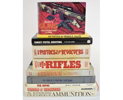 Thirteen gun and shooting related books including The Book of Rifles by Smith &amp; Smith, Books of Pistols &amp; Revolvers b