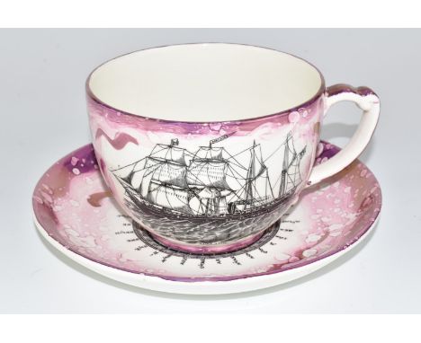 Grays Pottery lustre ware oversized cup and saucer with sailing ship 'Adelaide' to one side and The Sailors Farewell the othe
