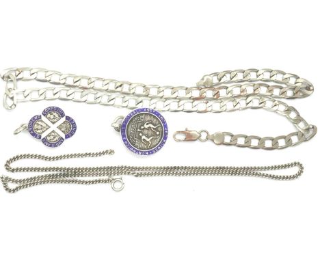 Two hallmarked silver enamelled fobs for Northwich and District Football and 1917 Ambulance Corps, together with two silver n