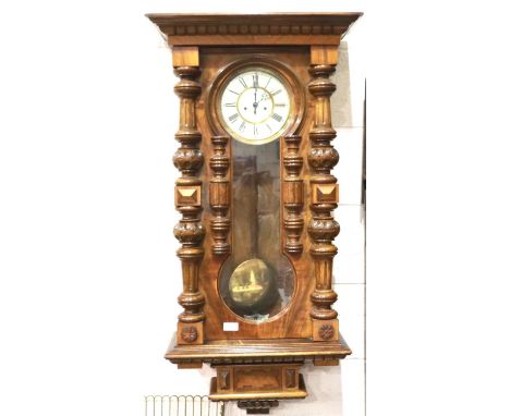 Gustav Becker 19th century walnut cased wall clock with glazed pendulum display and twin weights, H: 109cm, not working at lo