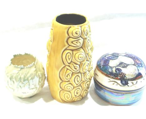 Mustard coloured Sylvac vase with original paper label to base, small iridescent Royal Worcester pot and modern covered Luste