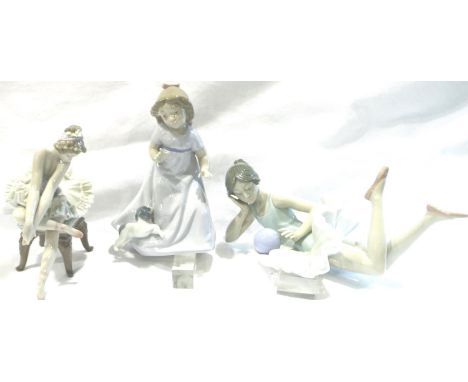 Lladro ballerina and two Nao figurines, slight damage to ballerinas tutu, no cracks or chips, largest H: 17 cm. P&amp;P Group