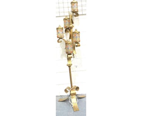 Large five light floor standing brass lamp, H: 160 cm. Not available for in-house P&amp;P 
