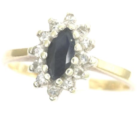 9ct gold sapphire and diamonds cluster ring, size J, 1.6g. P&amp;P Group 1 (£14+VAT for the first lot and £1+VAT for subseque