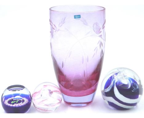 Three Caithness paperweights and a Caithness vase, H: 18 cm. Light surface scratches but overall good condition. P&amp;P Grou