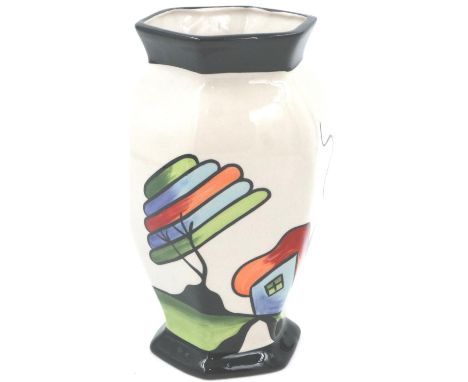 Lorna Bailey Hexagon vase in the Fantasia cottage pattern, H: 21 cm, no cracks or chips. P&amp;P Group 2 (£18+VAT for the fir