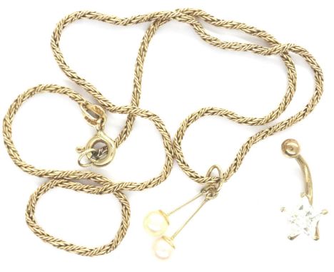 9ct gold cultured pearl drop pendant on a twist chain, chain L: 34 cm, pearl D: 4.5 mm, and a belly button bar set. P&amp;P G