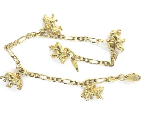 9ct gold Figaro chain bracelet with five animal charms, 6.8g, L: 18 cm. P&amp;P Group 1 (£14+VAT for the first lot and £1+VAT