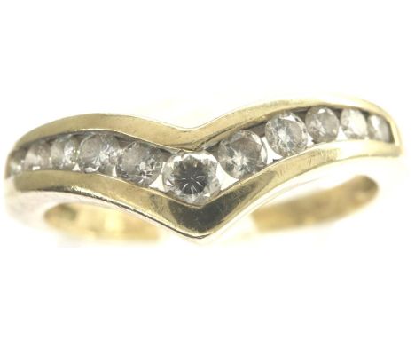 9ct gold wishbone ring set with eleven diamonds, size M, 2.4g. P&amp;P Group 1 (£14+VAT for the first lot and £1+VAT for subs