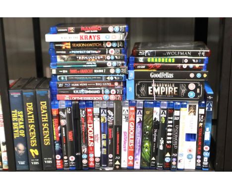 Shelf of Blu-rays, mainly horror and three videos. P&amp;P Group 3 (£25+VAT for the first lot and £5+VAT for subsequent lots)