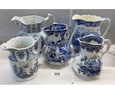 5 blue &amp; white ceramic jugs including Masons &amp; Palissy
