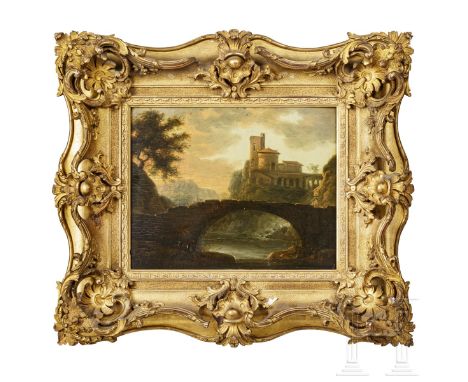 Altmeistergemälde, Italien, um 1800  Öl auf Holz. Romantische Landschaftsdarstellung mit Burgruine und Personenstaffage vor e