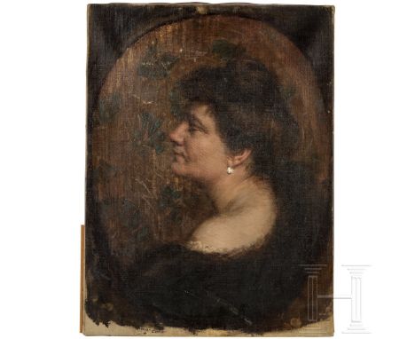 Damenportrait, München/Wien, um 1910  Öl auf Leinwand. Portrait einer Dame mit Diamantohrring und Pelzstola im Profil. In Bog