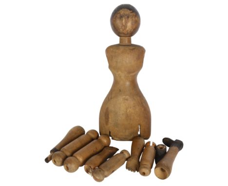 A Vintage Folk art carved and stained wood jointed doll, head and body height 34cm Good overall original condition, the head 