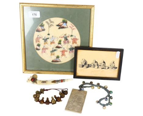 A group of Oriental items, including a carved jade bracelet, an Opium pipe, circular print on silk etc 