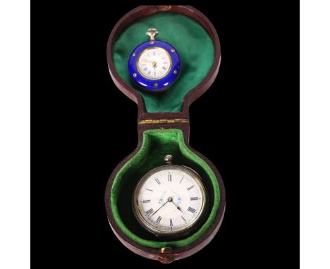 A small lady's Continental silver and blue enamel fob watch, with enamel dial, and seed pearl decoration to the back, and a C