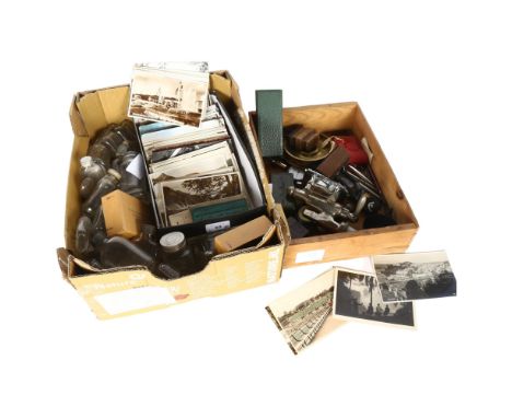 A box of interesting items, to include a Johnnie Walker & Sons Ltd optic, pens, Russian enamel salt, penknives, a quantity of