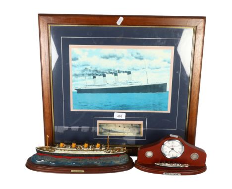 Danbury Mint Titanic model, 34cm, framed print, and clock which includes a silver one American dime coin and a silver three p