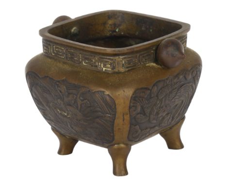 A Chinese bronze censer, with relief carved panels and seal mark to the base, H8cmGood overall condition, no obvious damage o