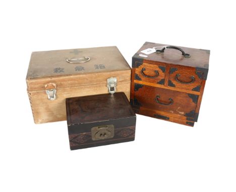 An Oriental wooden First Aid box and contents, 31cm across, a table-top stained wood chest of 3 drawers, and a jewel box with