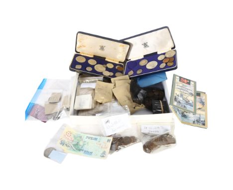 A set of 1977 coins, Britain's first decimal coins, banknotes, British and foreign coins