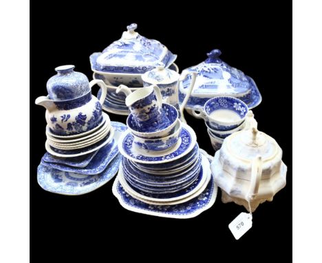 Willow pattern tureens and covers, sucrier, and other blue and white china 