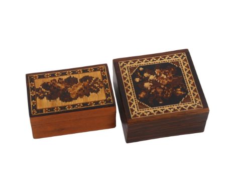 2 Victorian Tunbridge Ware boxes, each with floral decorated lids, 6cm approxBoth in good condition, just light surface wear 