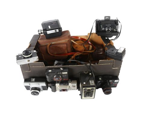 A quantity of Vintage cameras and equipment, including a Brownie Six-20 camera model C, a Canon Megazoom Caption 105 camera, 