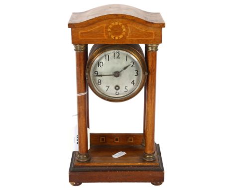 A small Edwardian mahogany and inlaid Portico clock, with key and pendulum, H27cm 