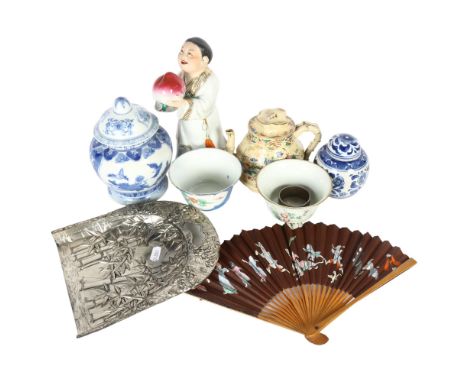 A selection of Japanese and Chinese items including a crumb tray with bamboo design, L21cm, bowls, teapot, figure etc