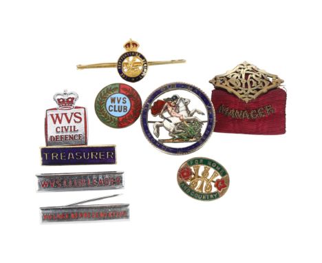 A collection of various badges, including an Order of the Garter enamel badge, the Hertfordshire Regiment, WVS Club etc 