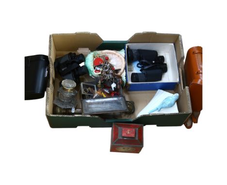 Decorative tins, wall light, binoculars etc 