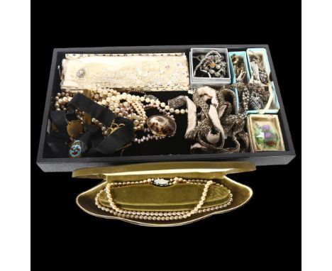 A tray of Vintage costume jewellery, including a Ledley 2-strand pearl necklace, an enamel panel bracelet etc 