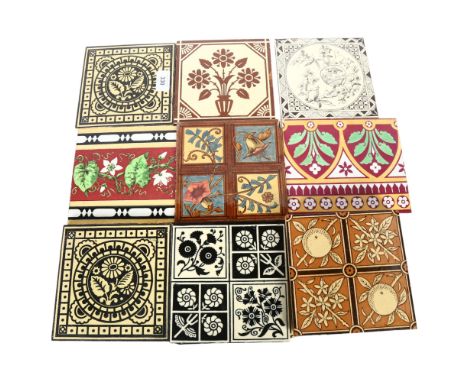 A quantity Victorian transfer printed and block printed tiles, including several hand coloured tiles with Arts and Crafts des