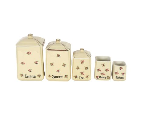 A Vintage French ceramic cannister set, a graduated set containing 5 jars in total, with floral decoration, largest height 21