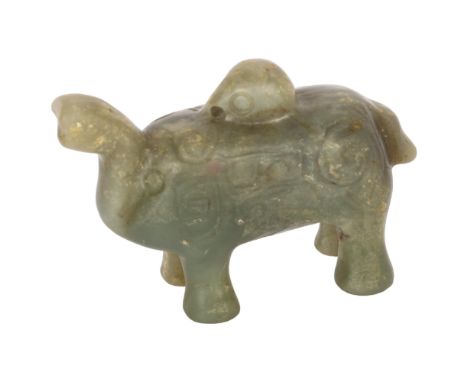 A Chinese carved green jade elephant pendant, incised decoration, possibly Ming Dynasty, H4cmGood overall condition, although