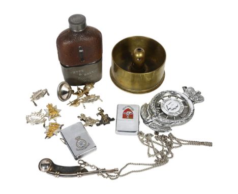 A silver plated bosun's whistle, a Whisky flask, lighters, Vintage RAC badge, Regimental badges etc 