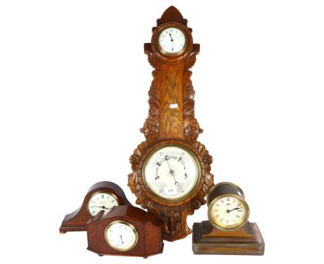 An aneroid barometer, a quartz movement Napoleon bell strike mantel clock, battery operated, a copper-cased drum clock, and a