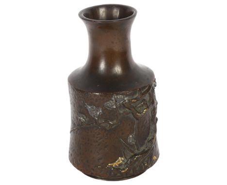 A Japanese bronze vase with relief tree and gilt decoration in mallet form, height 15cmDrilled to base for lamp conversion ot