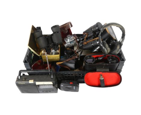 A quantity of Vintage cameras and binoculars, including a Kodak Instamatic 233 camera, an Ilford Sportsman camera, an Olympus