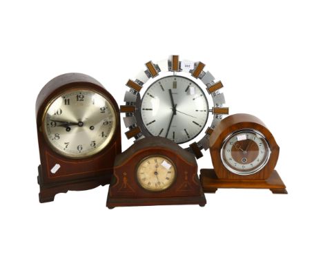 A group of 4 clocks, including a dome-top mantel clock with 2-train movement, 29cm, 2 other mantel clocks, and a Metamec quar